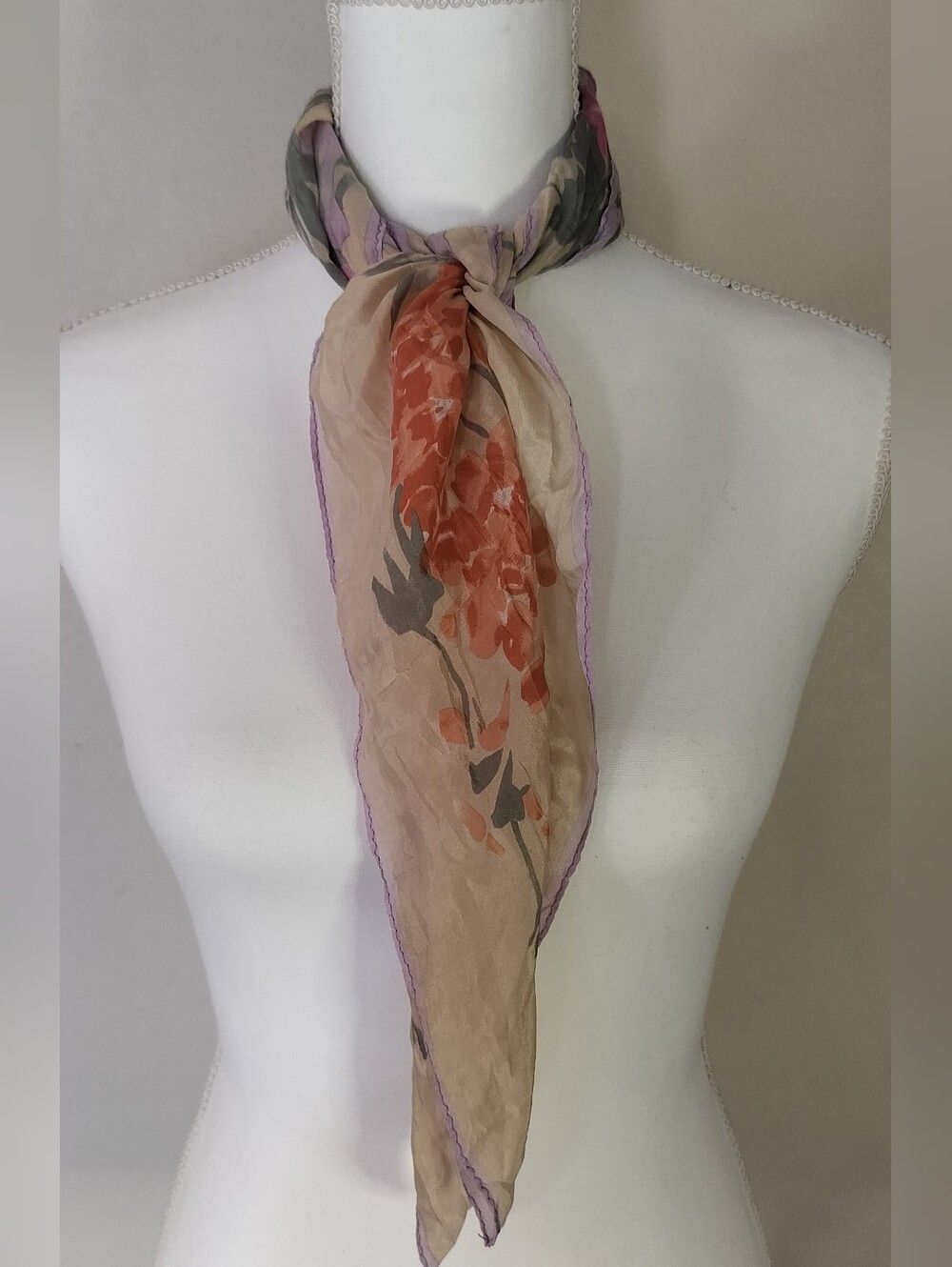 Delicate Floral Scarf - Beige & Coral